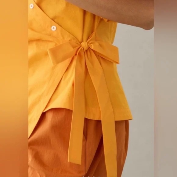 Anthropologie Longline Wrap Blouse Orange Yellow with Puff Sleeves - Picture 4 of 4